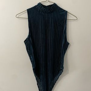 Teal Velvet Striped Highneck Bodysuit